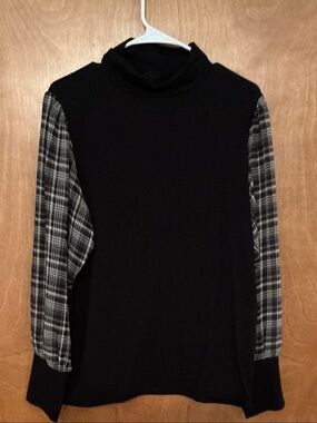 LOFT Black Turtleneck Sweater with Plaid Contrast Sleeves